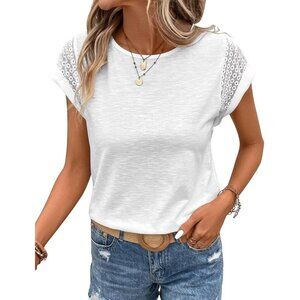 Womens Tops Contrast Lace Short Sleeve 2024 Casual Summer Trendy Basic Tee Shirt